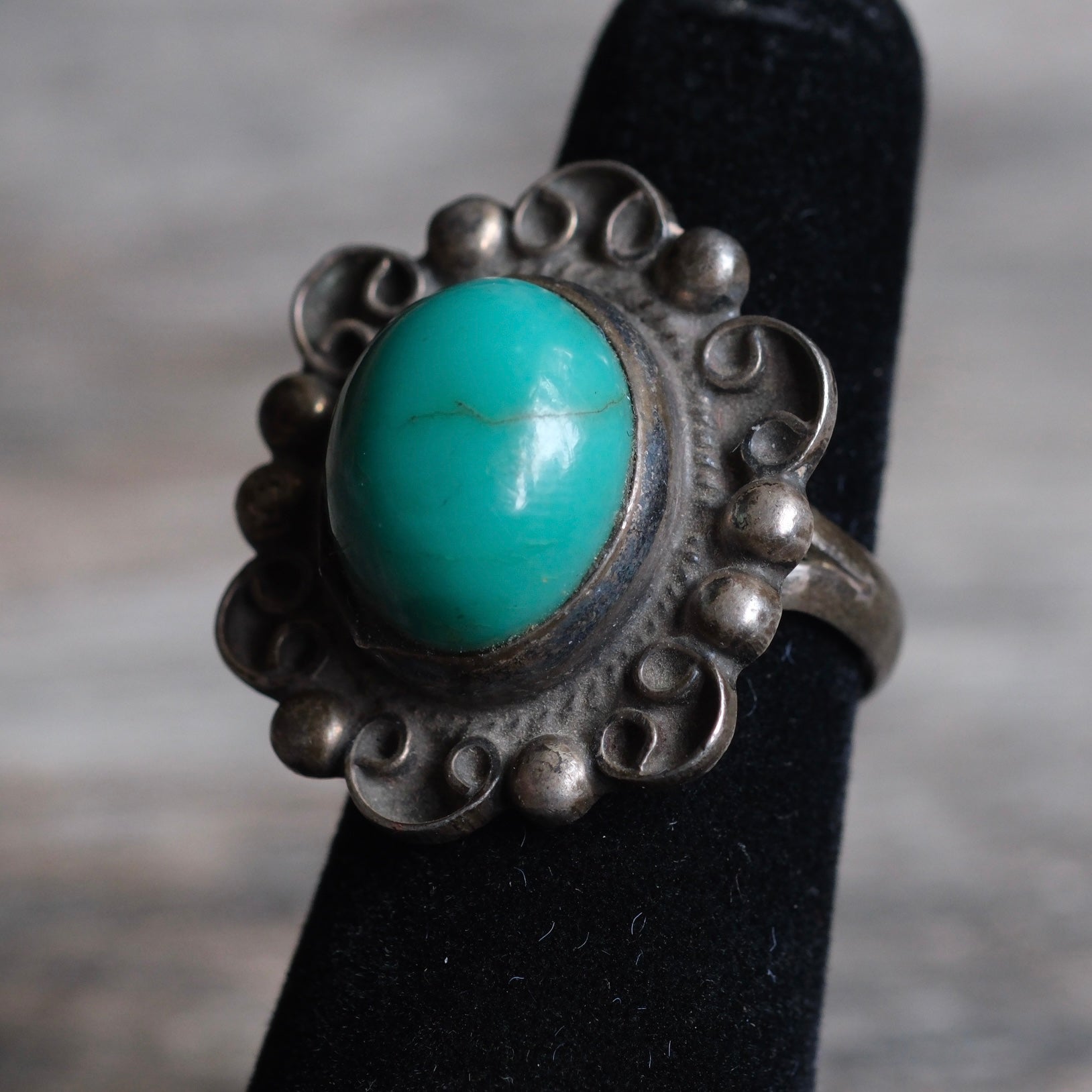 Vintage Sterling Turquoise Florette Ring 5.25