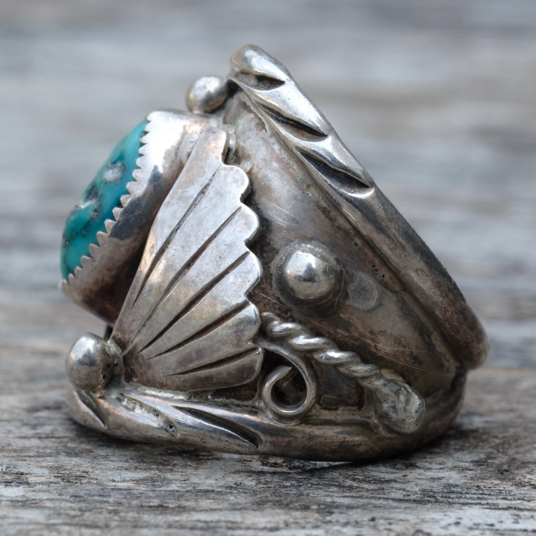 Vintage Sterling Turquoise Feather Ring 9