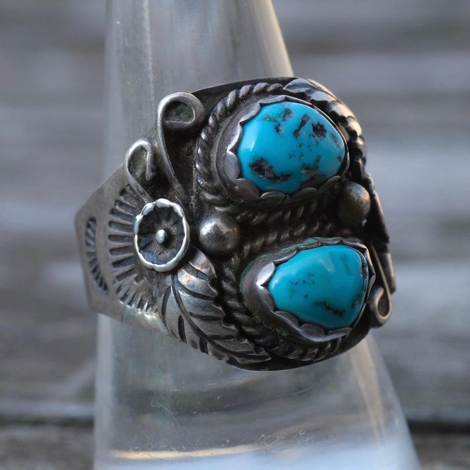 Vintage Sterling 2-Stone Turquoise Feather Ring 9.5