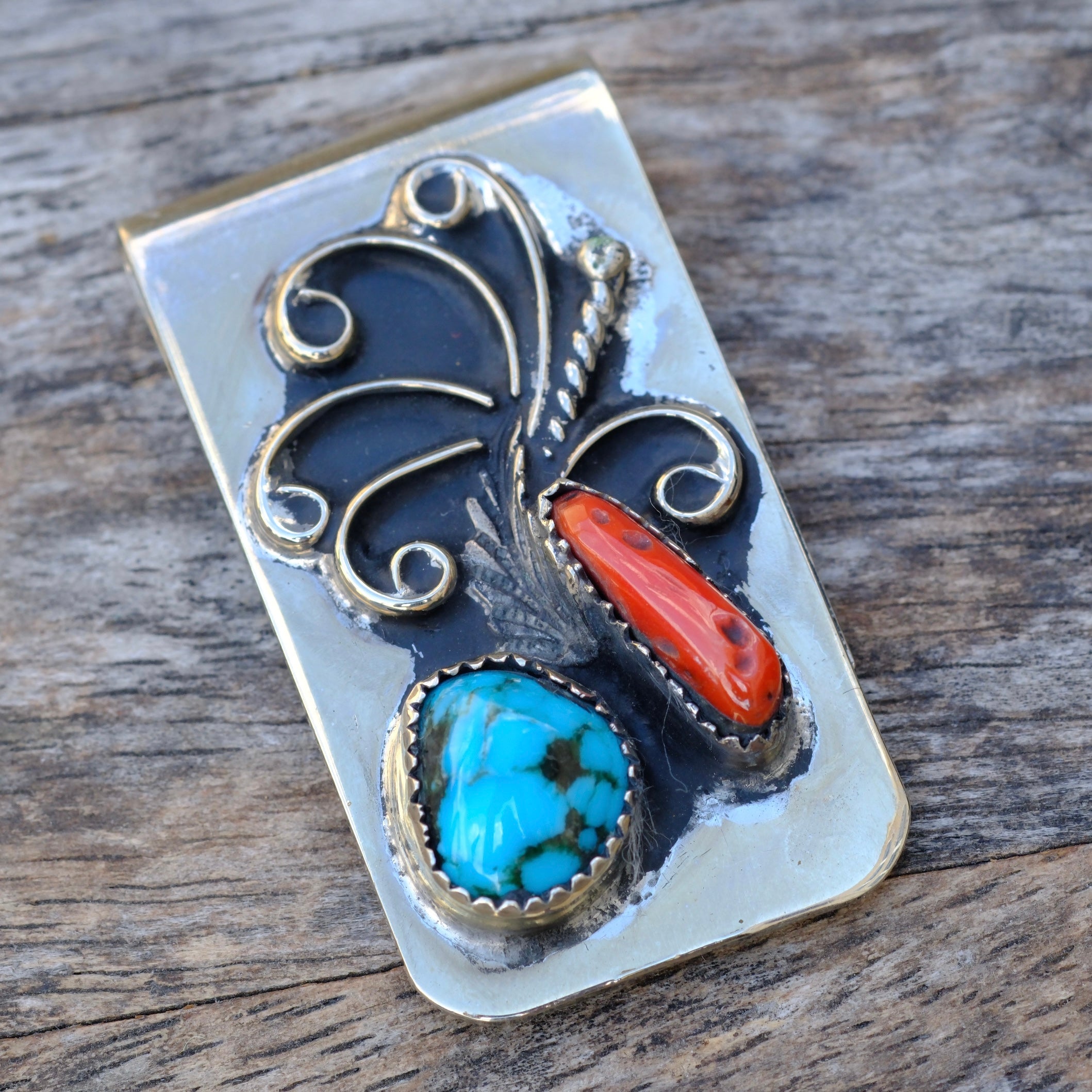 Vintage Turquoise and Coral Feather Money Clip