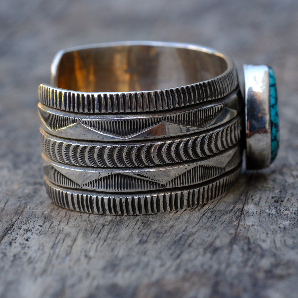 Alex Sanchez Sterling Silver Stamped Kingman Turquoise Cuff Bracelet