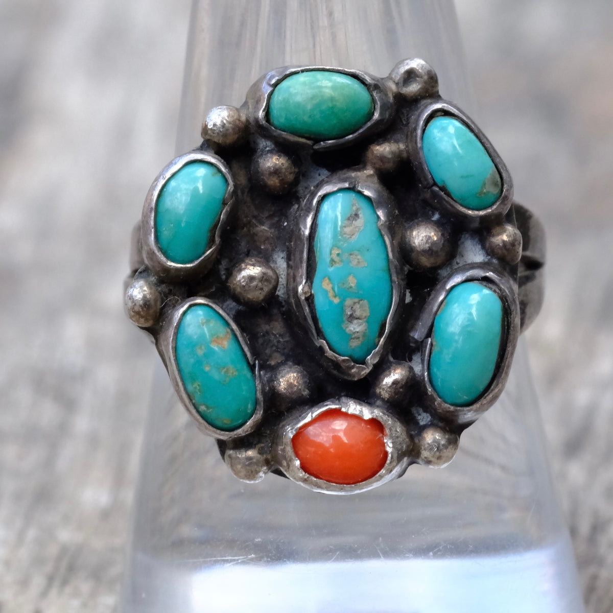 Vintage Sterling Turquoise and Coral Cluster Ring 8.75