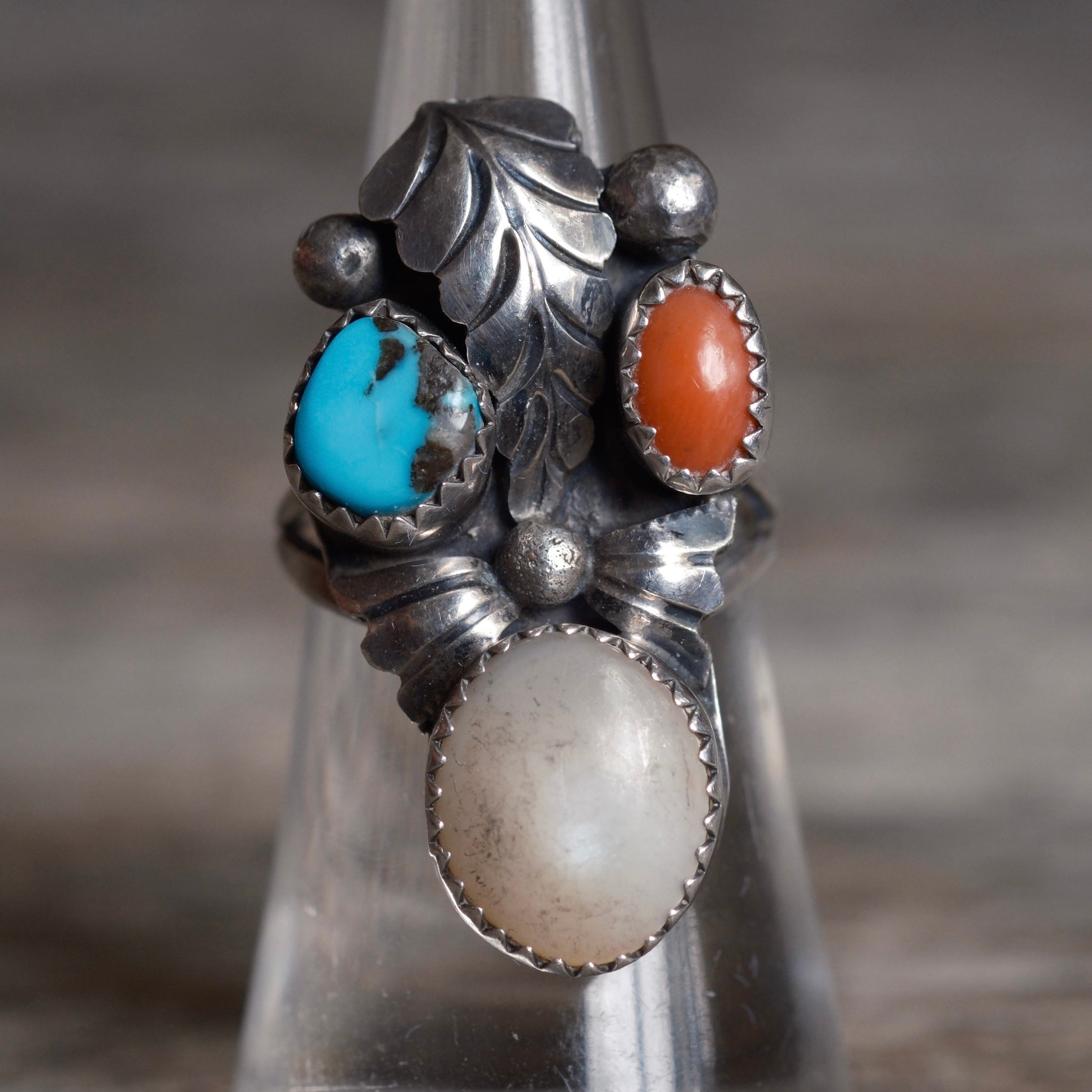 Vintage Sterling Turquoise Coral and MOP Feather Ring 6.5