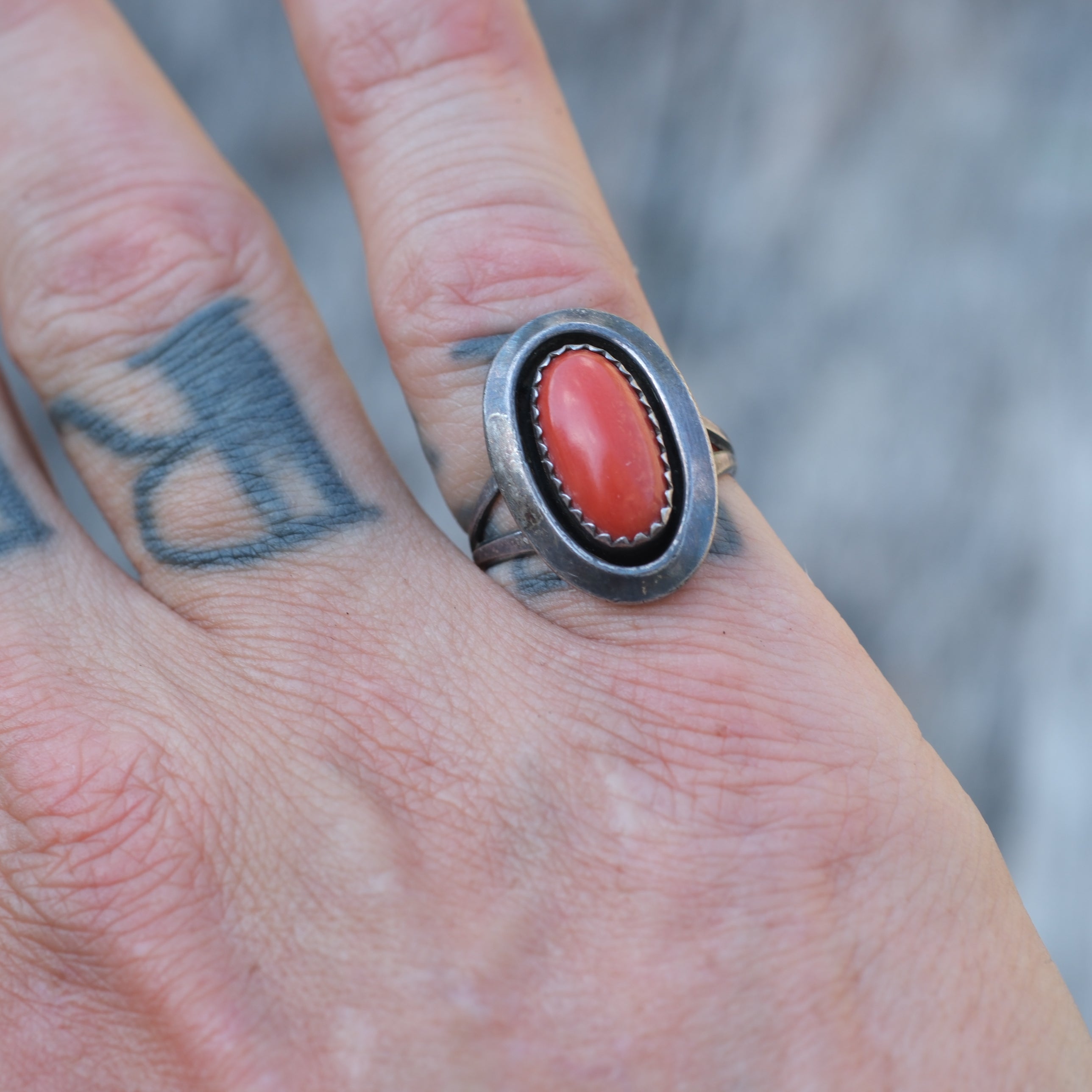 Vintage Sterling Coral Shadowbox Ring 6