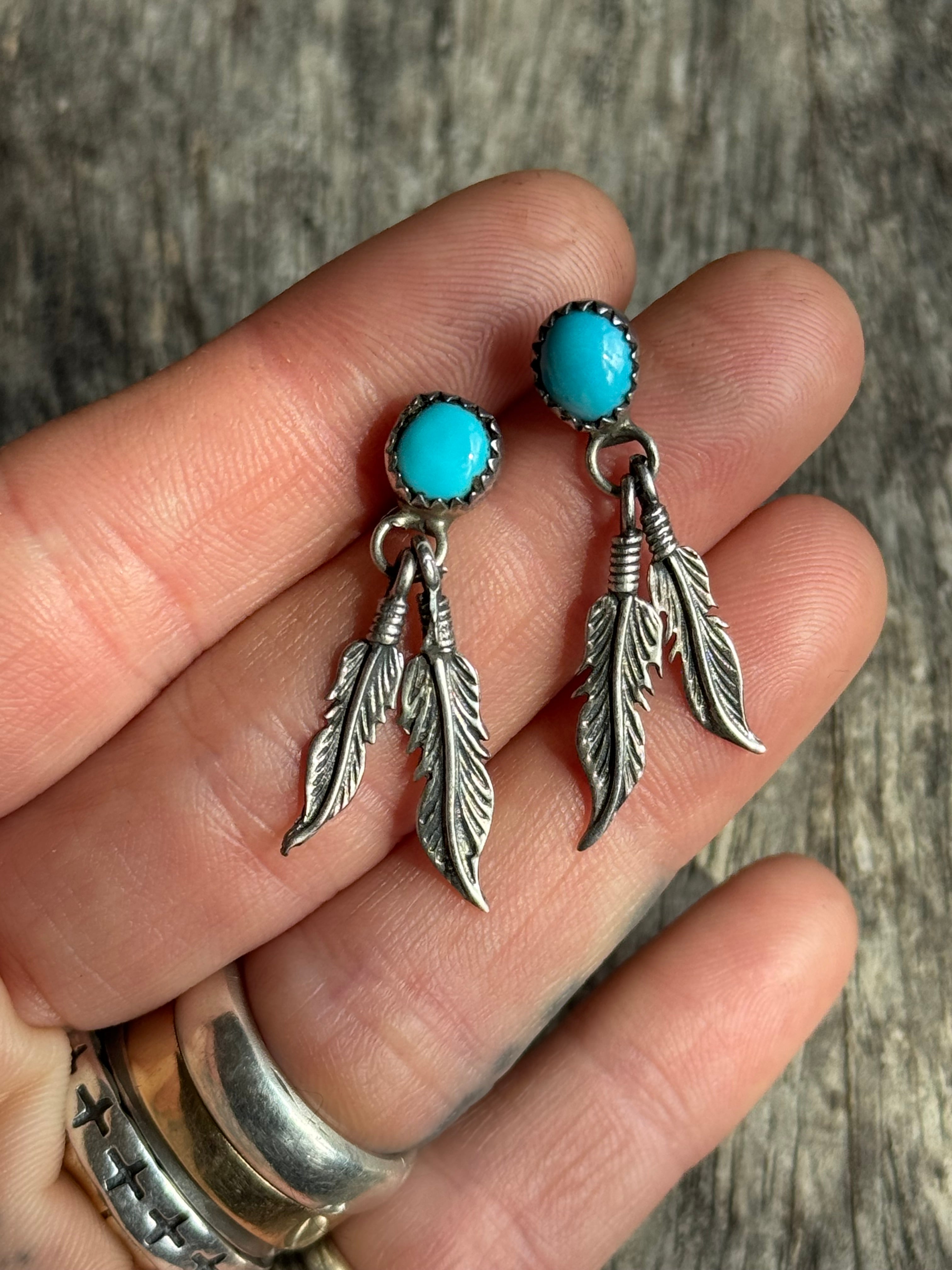 Vintage Sterling Silver Turquoise Feather Earrings