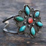 Chunky Vintage Sterling Turquoise and Coral Cluster Cuff