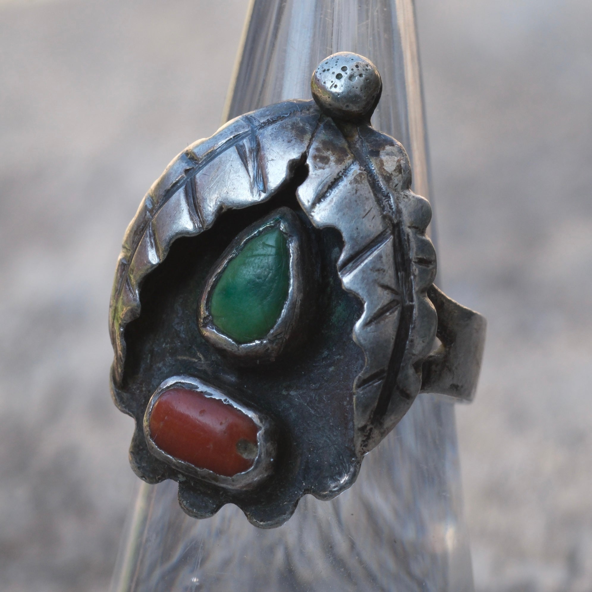 Vintage Sterling Turquoise and Coral Feather Ring 6.5