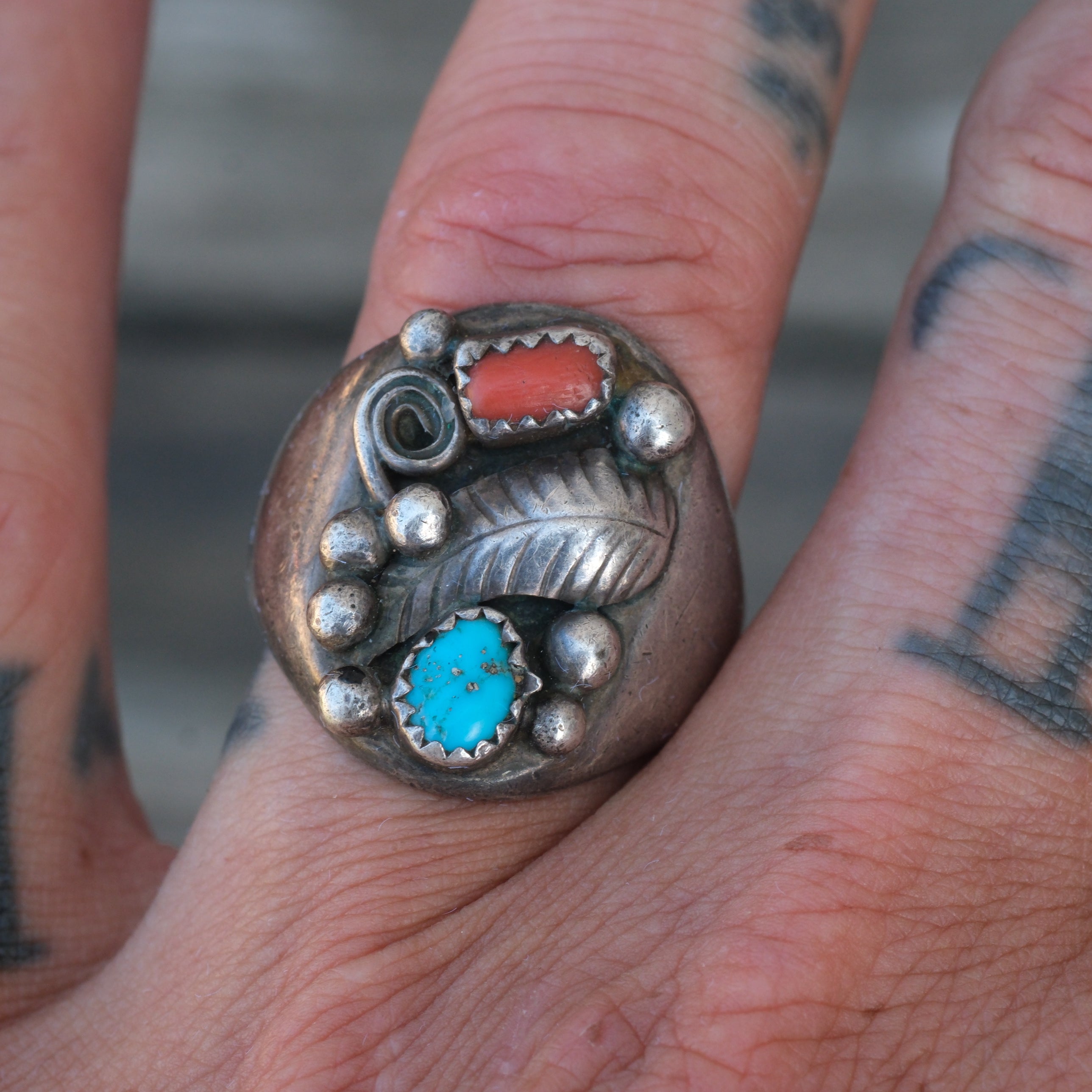 Vintage Sterling Turquoise and Coral Feather Ring 10.25