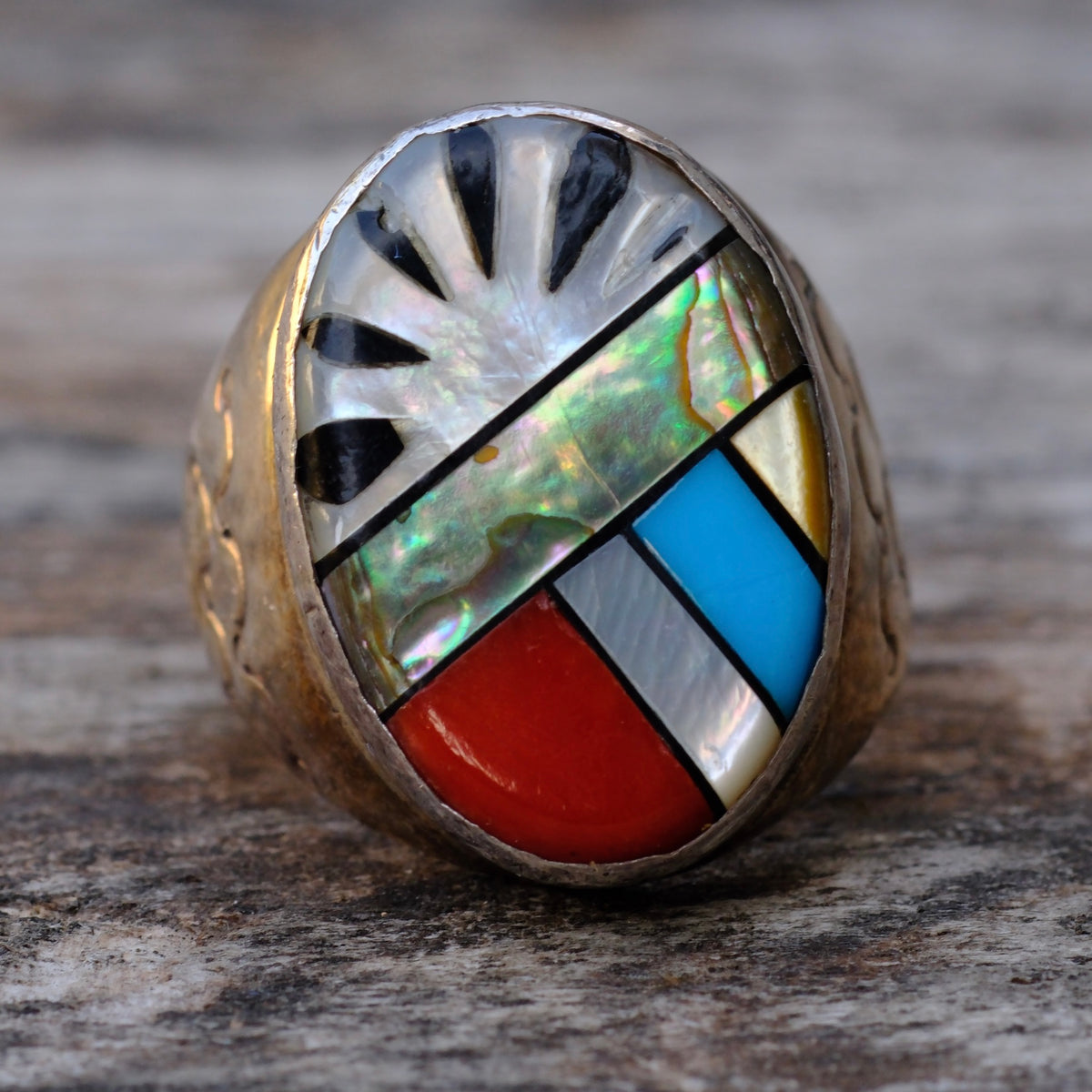 Vintage Sterling Multi Stone Inlay Stamped Band Ring 8.75