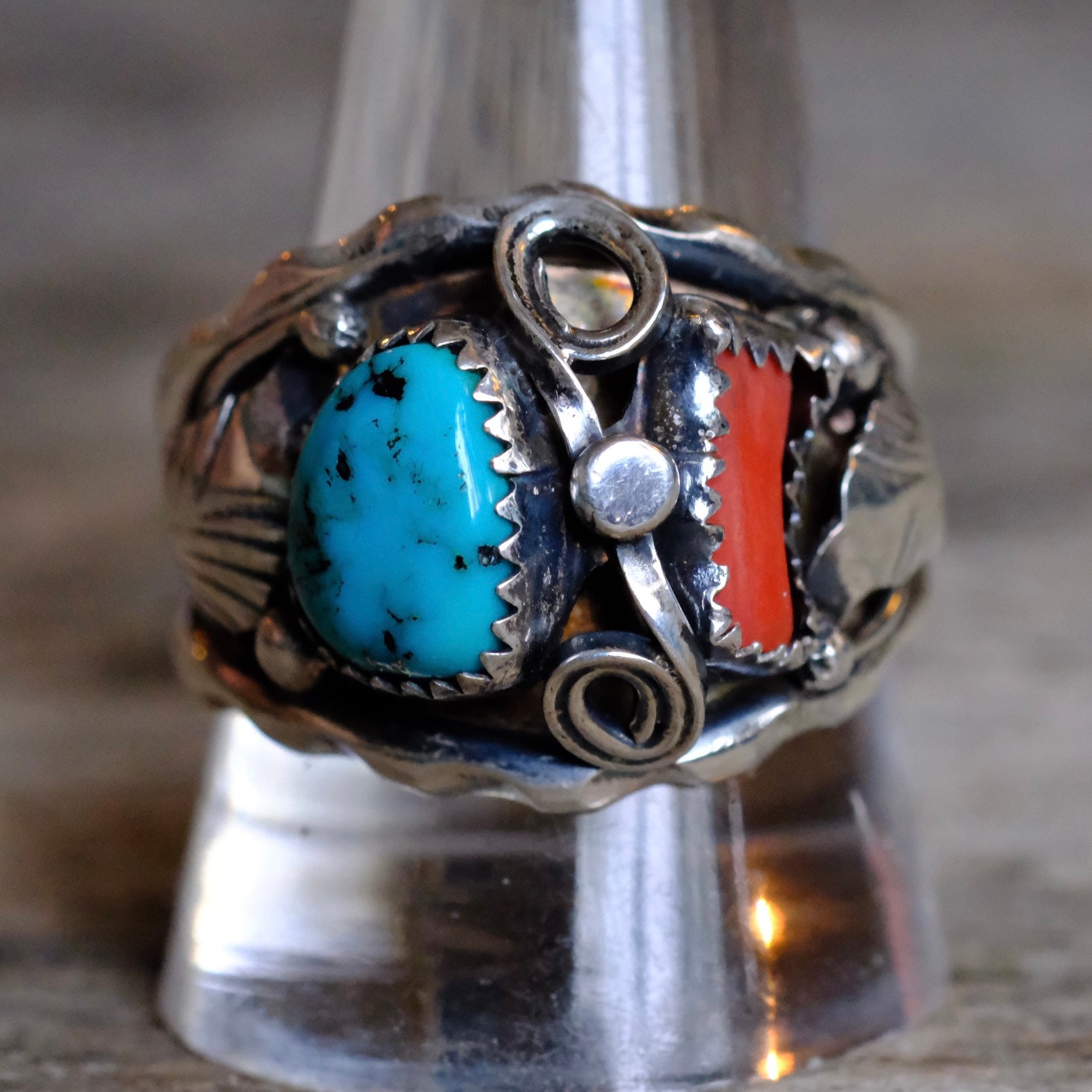 Vintage Sterling Turquoise and Coral Feather Ring 12