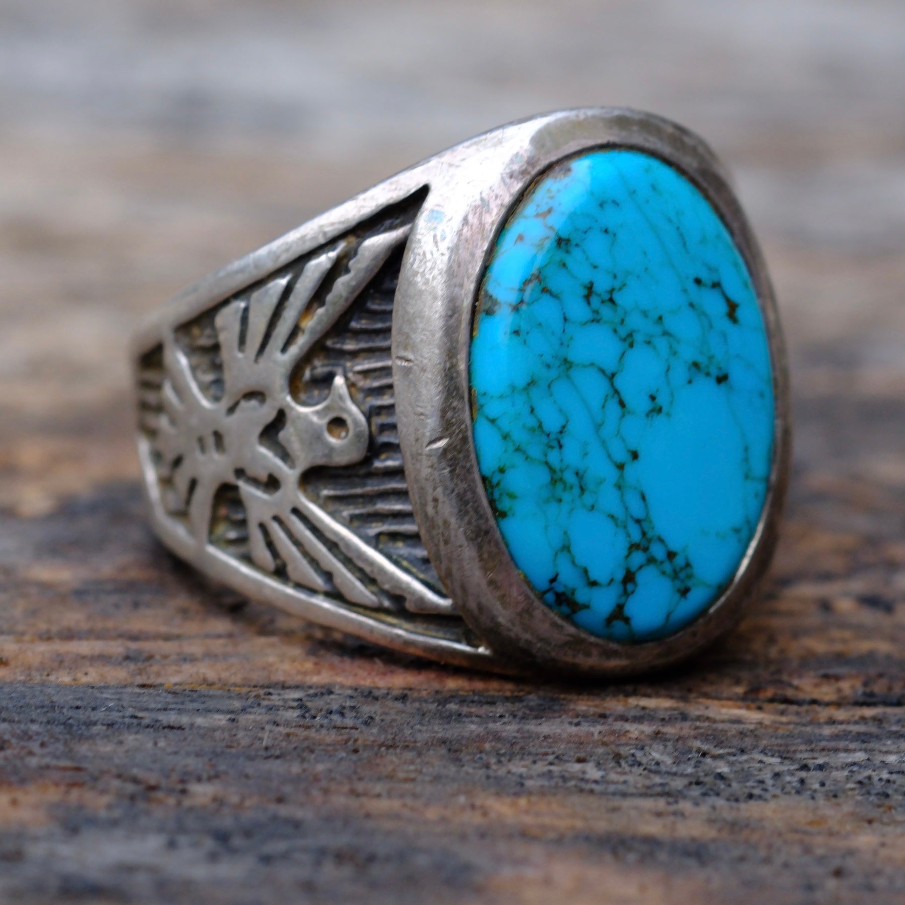 Vintage Sterling Turquoise Thunderbird Ring 9.5