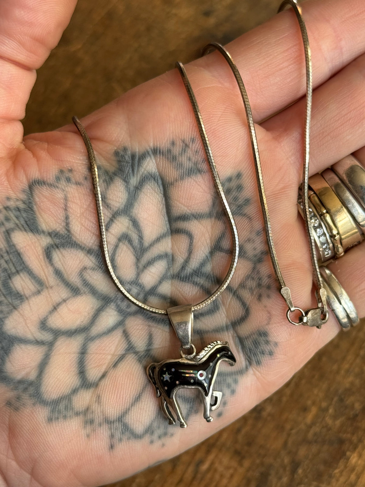 Vintage Sterling Silver Multistone Inlay Horse Necklace