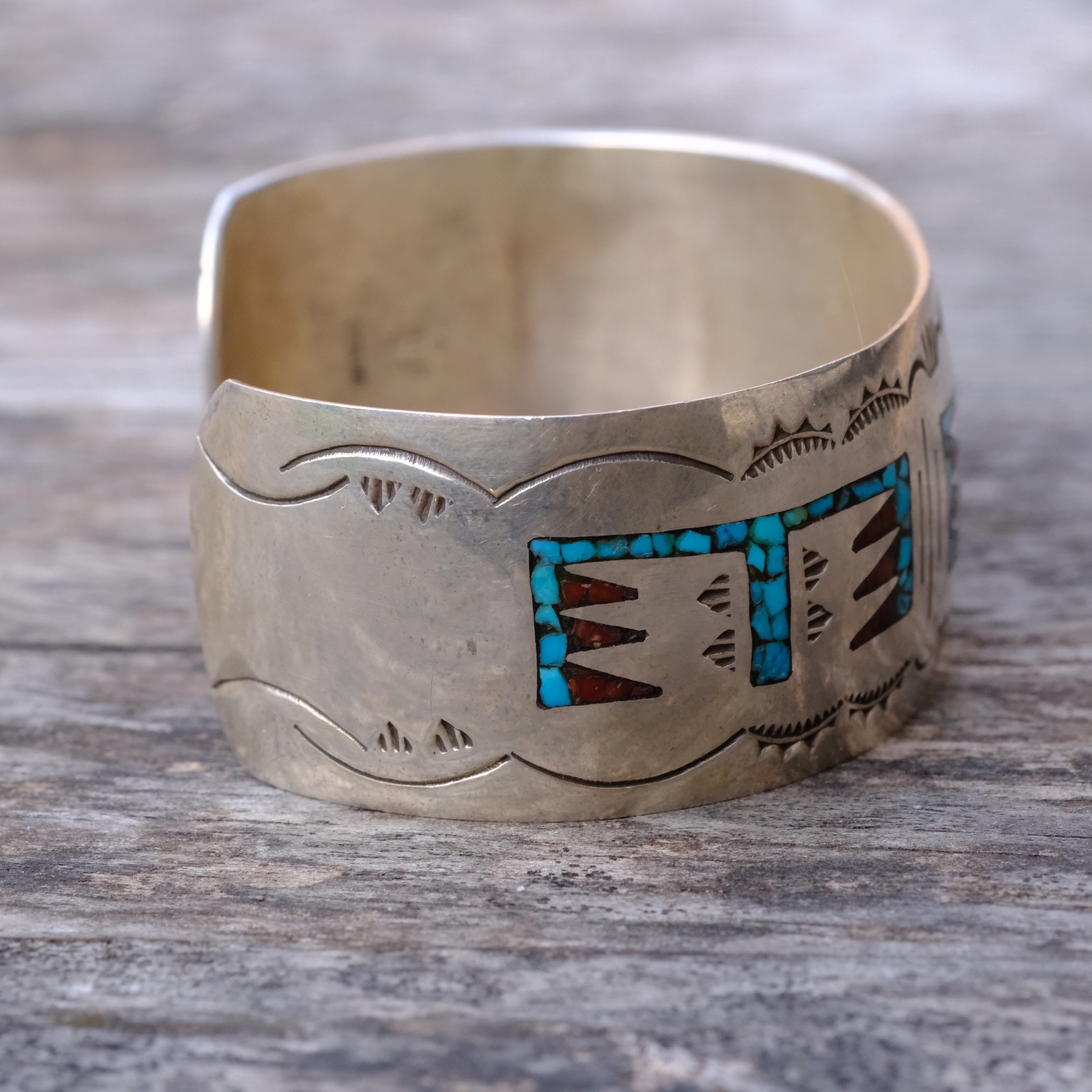 Vintage Sterling Turquoise and Coral Inlay Wide Cuff Bracelet