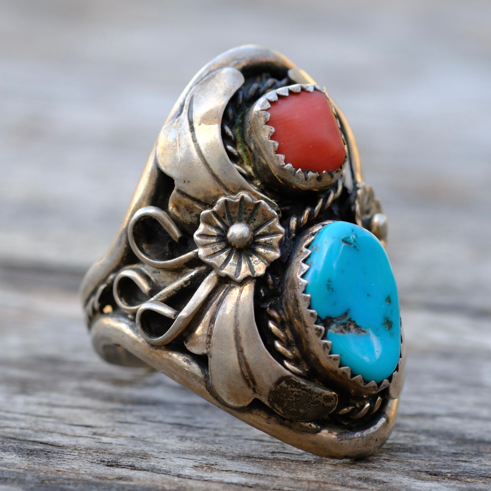 Vintage Sterling Turquoise and Coral Ring 10