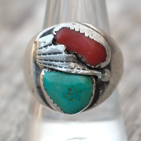 Vintage Sterling Turquoise and Coral Feather Ring 9.75