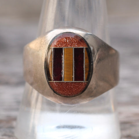 Vintage Sterling Multistone Inlay Signet Ring 11