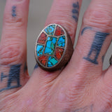 Vintage Sterling Crushed Turquoise and Coral Inlay Ring 9.25