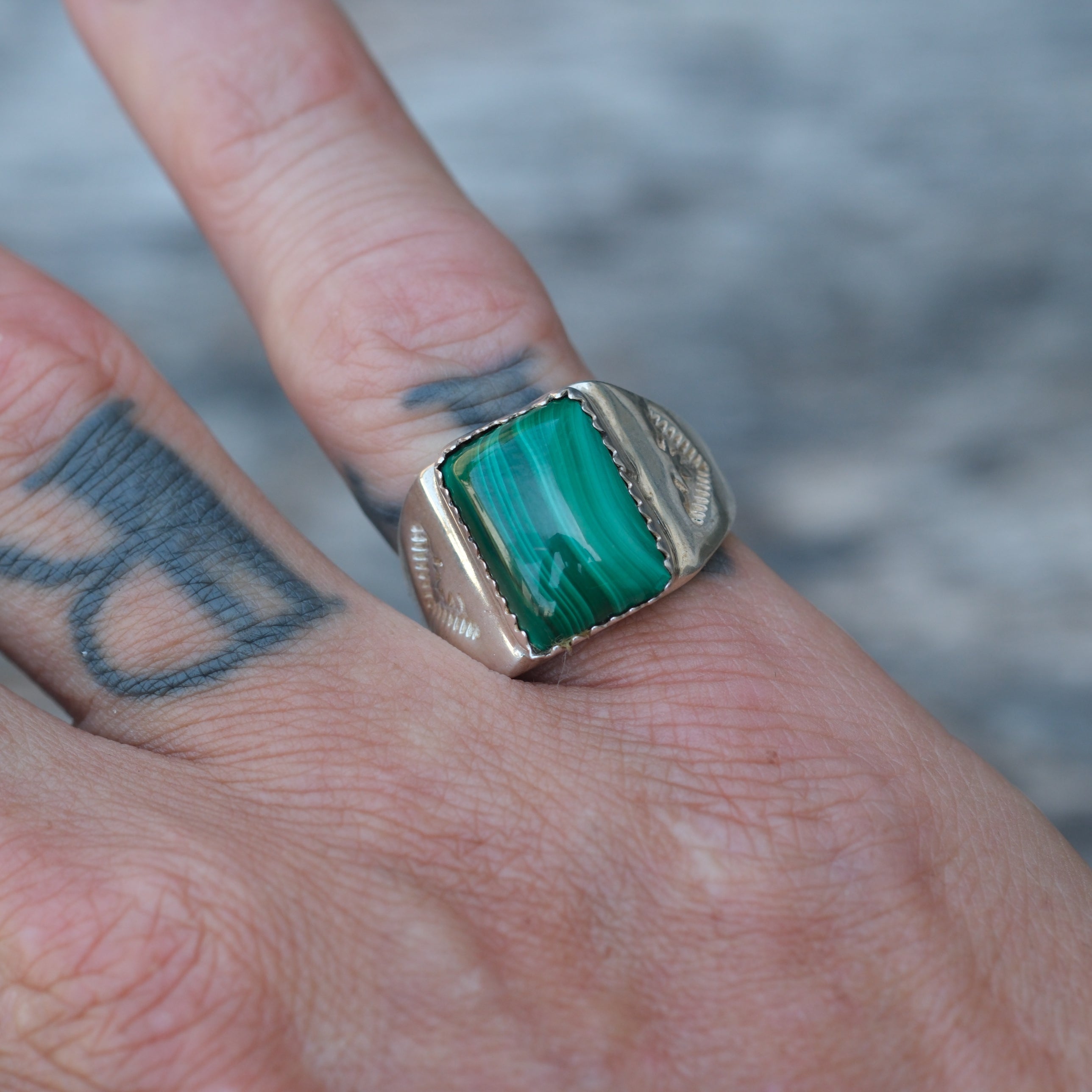 Vintage Sterling Malachite Stamped Band Ring 7.25