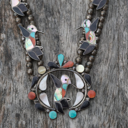 Vintage Sterling Zuni Hummingbird Squash Blossom Necklace 28"