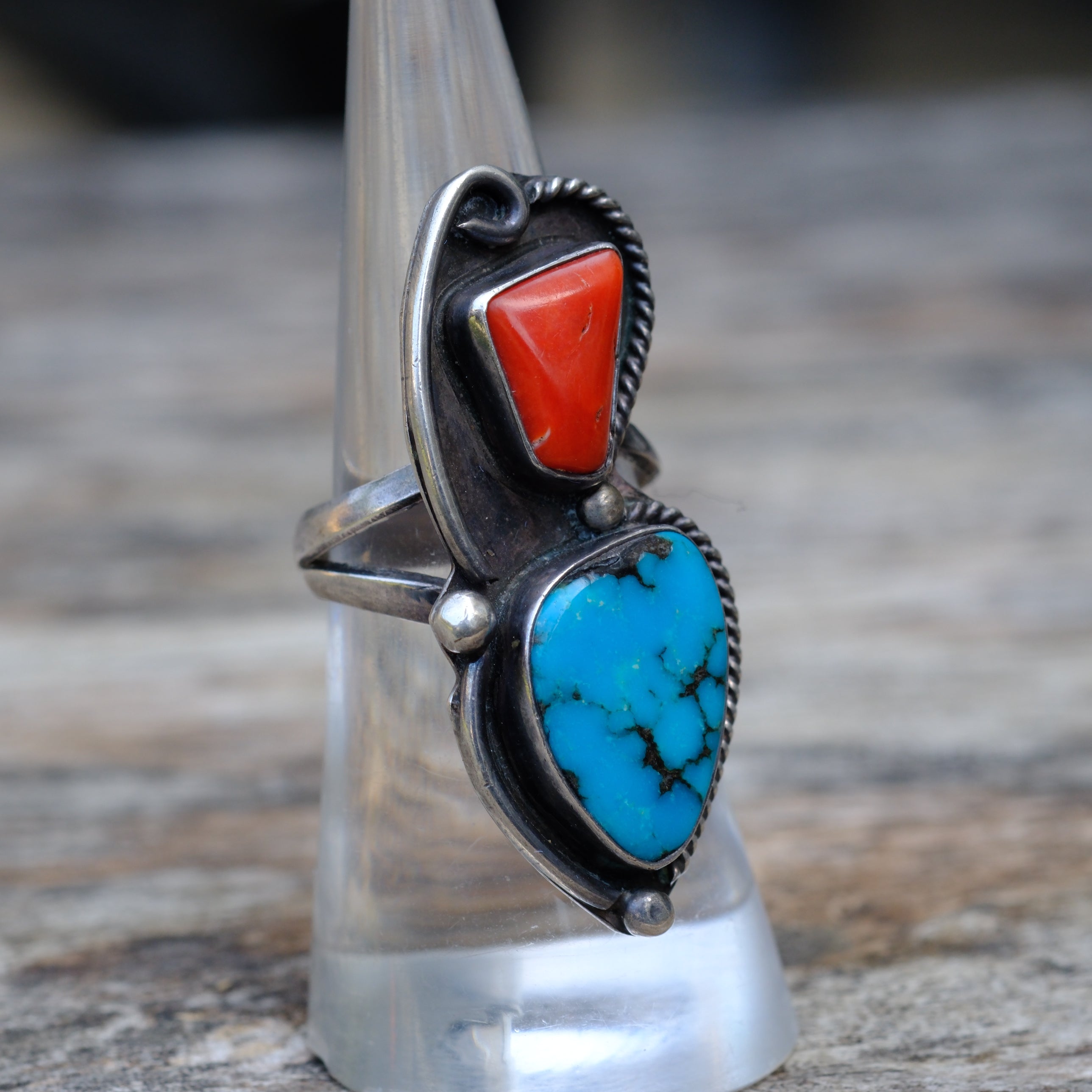 Vintage Sterling Turquoise and Coral Ring 6.75