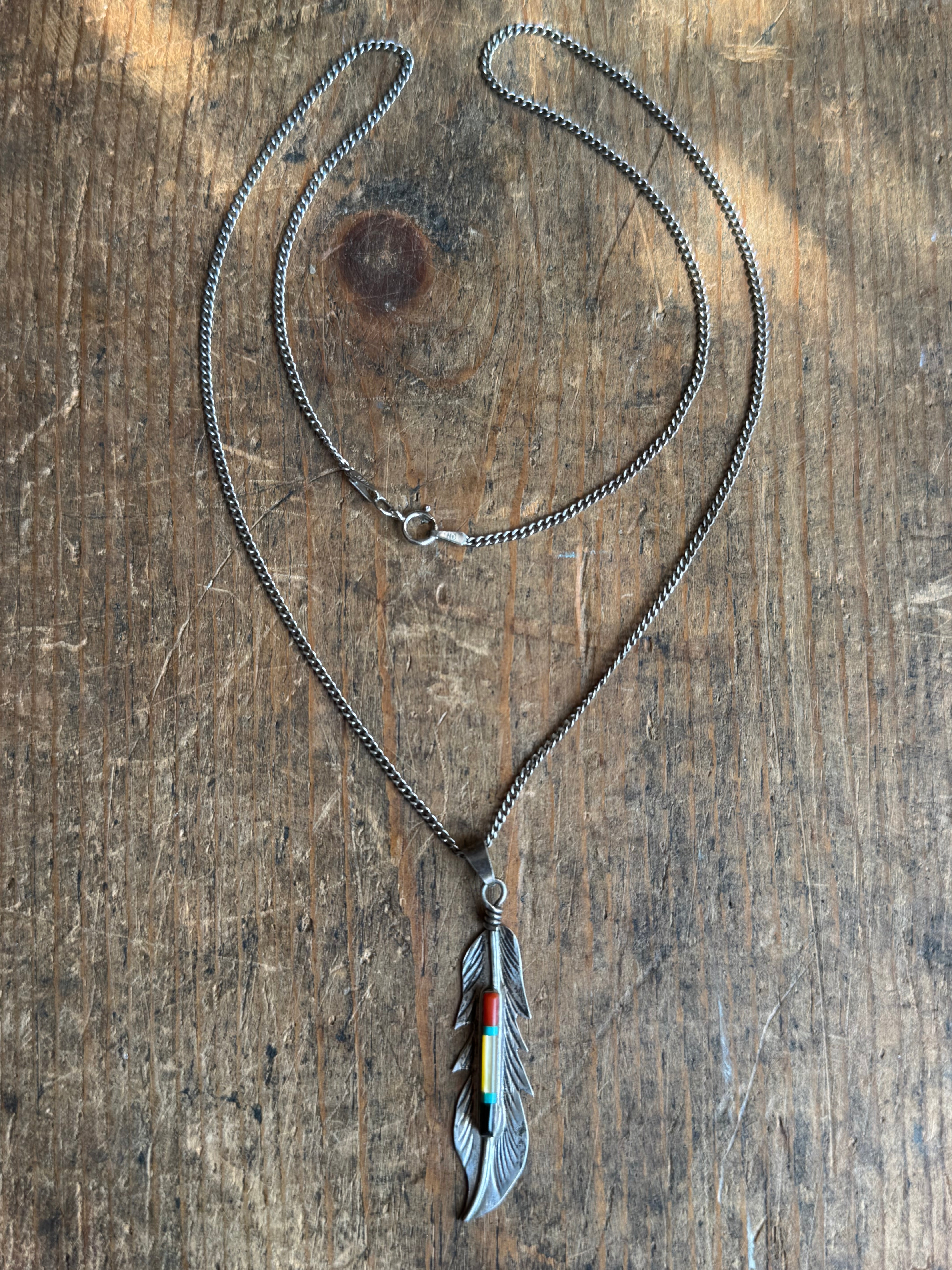Vintage Sterling Silver Multistone Inlay Feather 20" Necklace