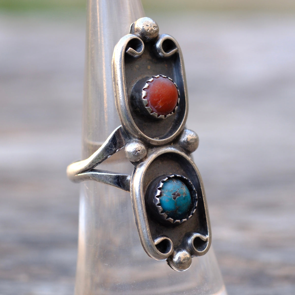 Vintage Sterling Turquoise and Coral Ring 6