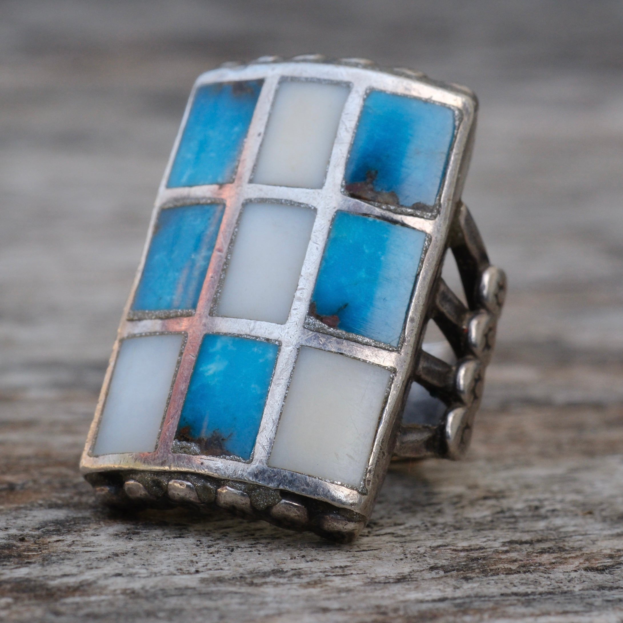 Vintage Sterling Turquoise and Mother Of Pearl Inlay Ring 5.5