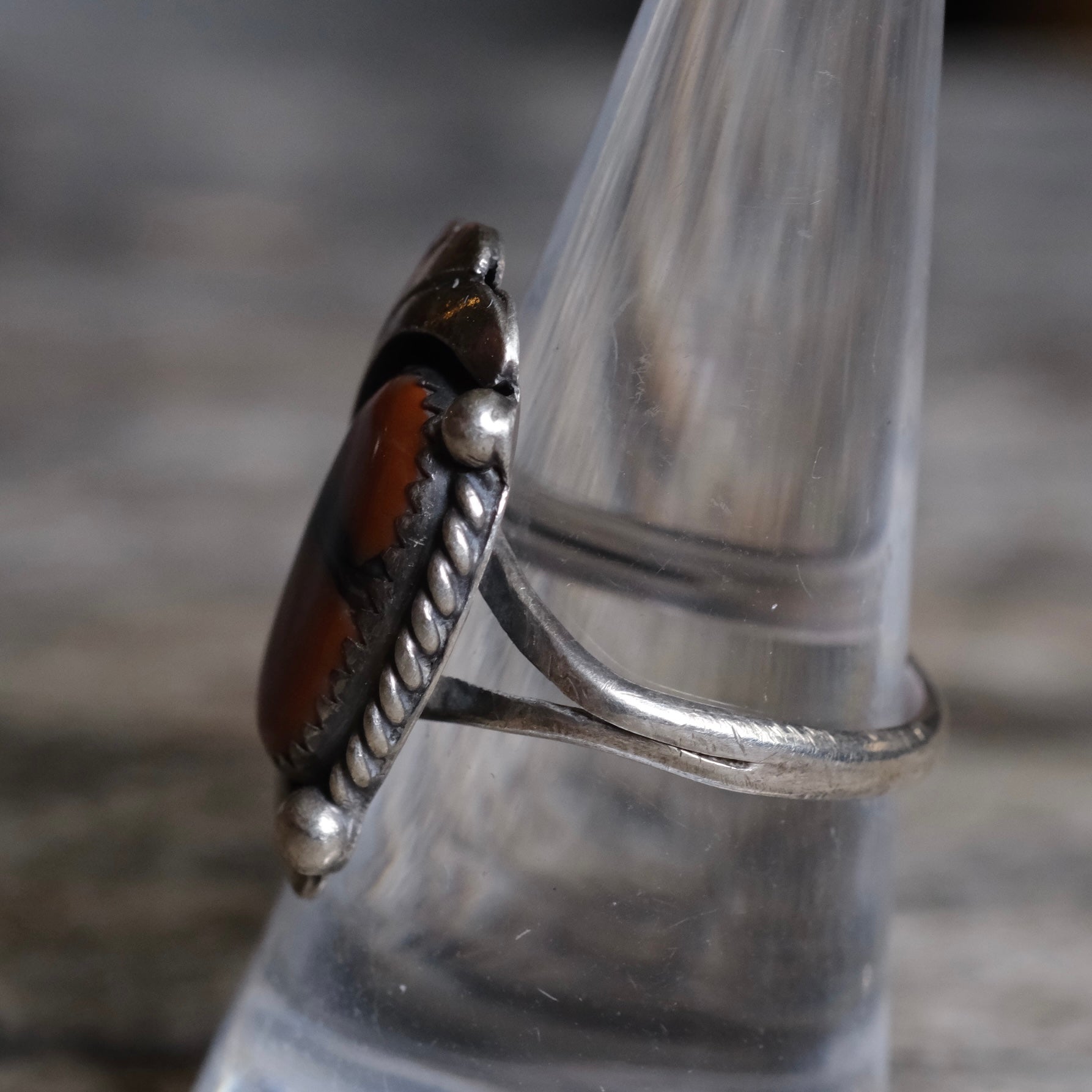 Vintage Sterling Petrified Wood Feather Ring 8