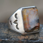 Vintage Sterling Petrified Wood Stamped Band Ring 10.5