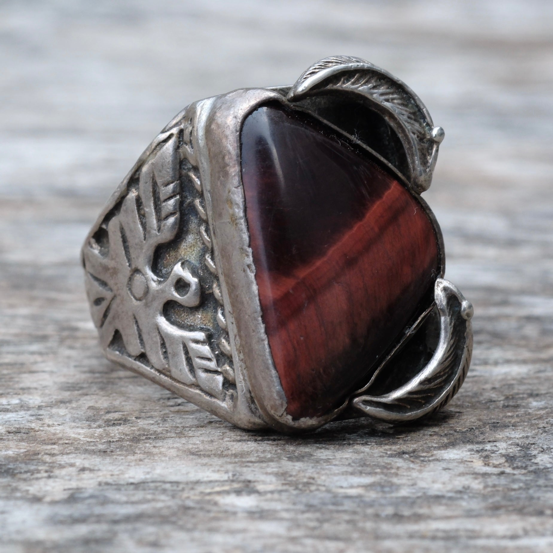 Vintage Sterling Tigers Eye Thunderbird Ring 9