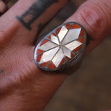 Vintage Sterling Coral And Mother Of Pearl Starburst Ring 13.5