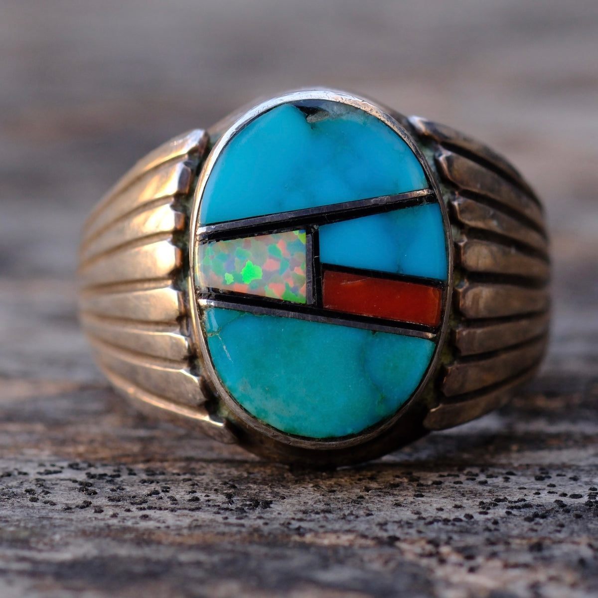 Vintage Sterling Multistone Inlay RIbbed Band Ring 10
