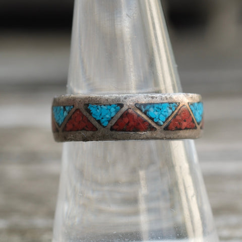 Vintage Sterling Crushed Turquoise and Coral Inlay Band 8.25