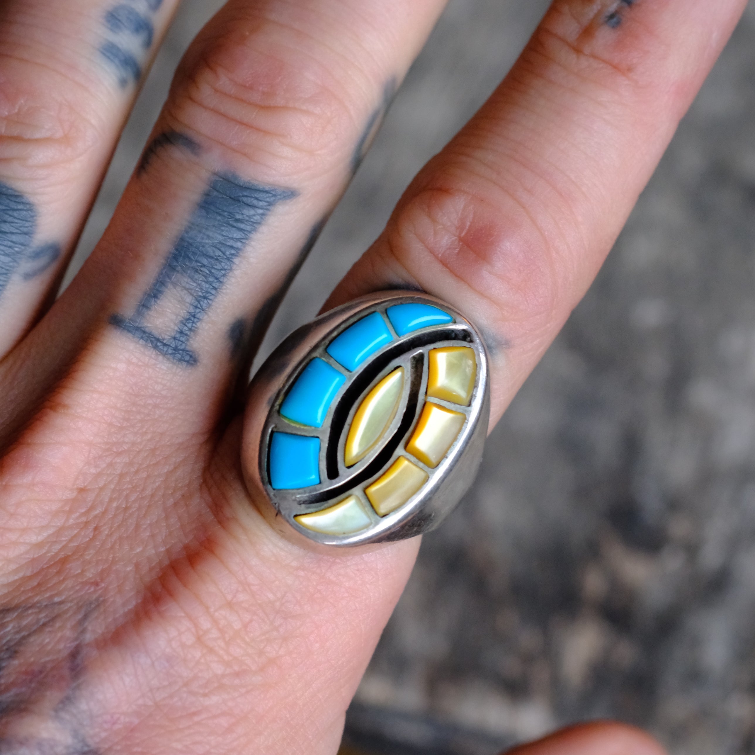 Vintage Sterling Turquoise and Mother Of Pearl Inlay Hummingbird Ring 10.75