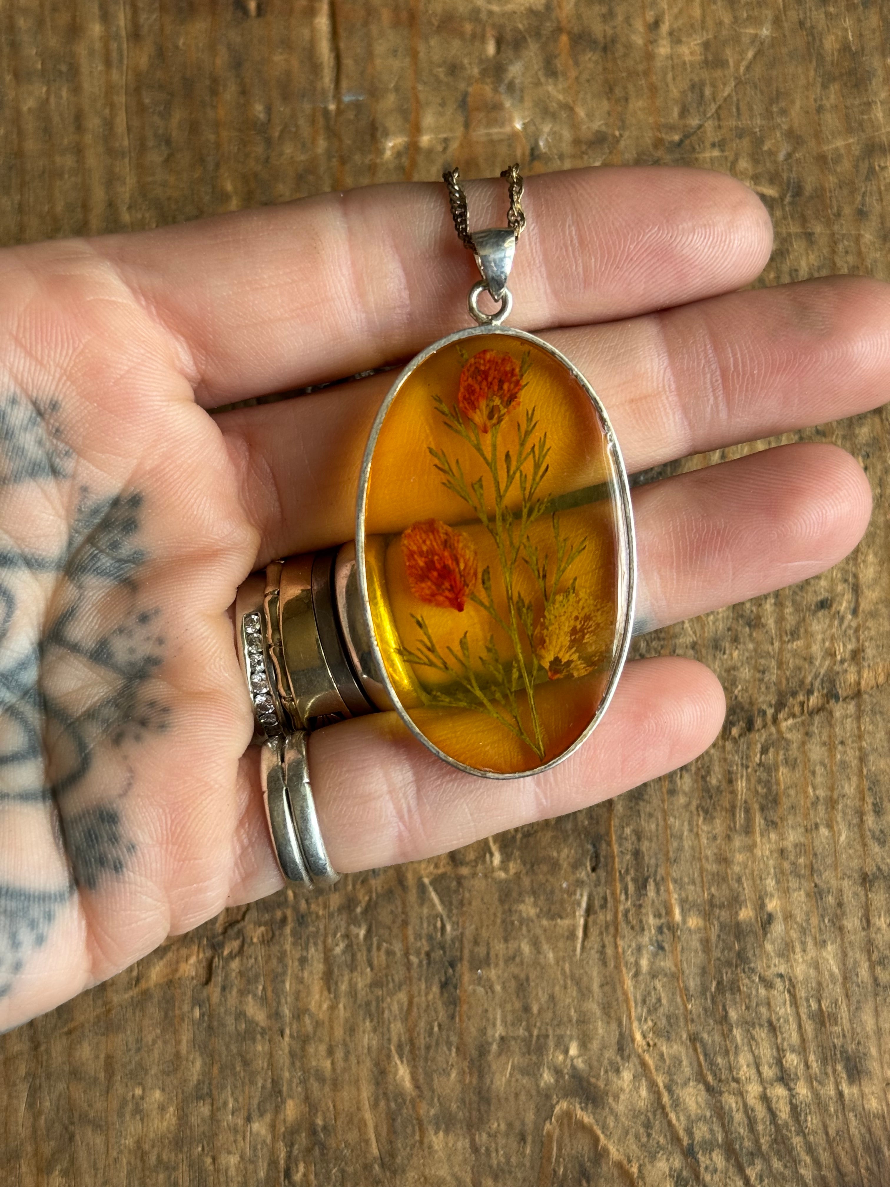 Vintage Sterling Silver Resin Pressed Flower Necklace