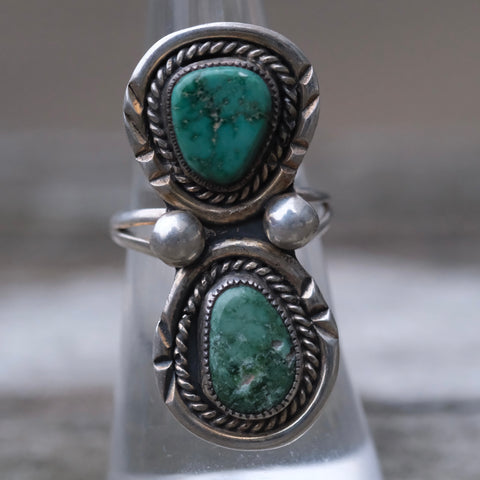 Vintage Sterling 2-Stone Turquoise Roper Ring 6.25