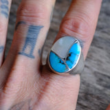 Vintage Sterling Zuni Inlay Turquoise and Mother Of Pearl Ring 10.25