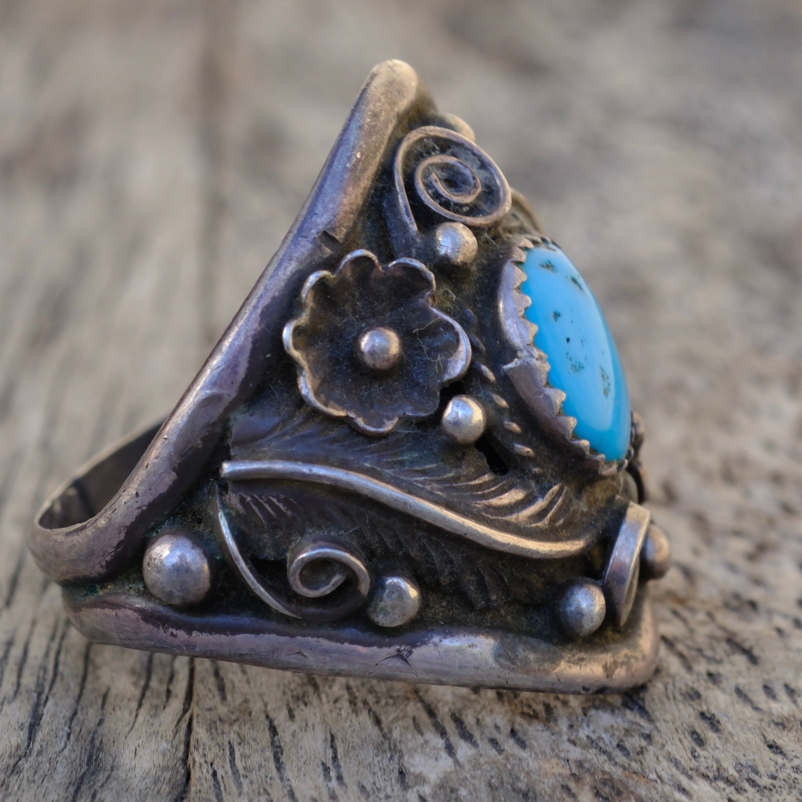 Vintage Sterling Turquoise Feather Ring 11.5