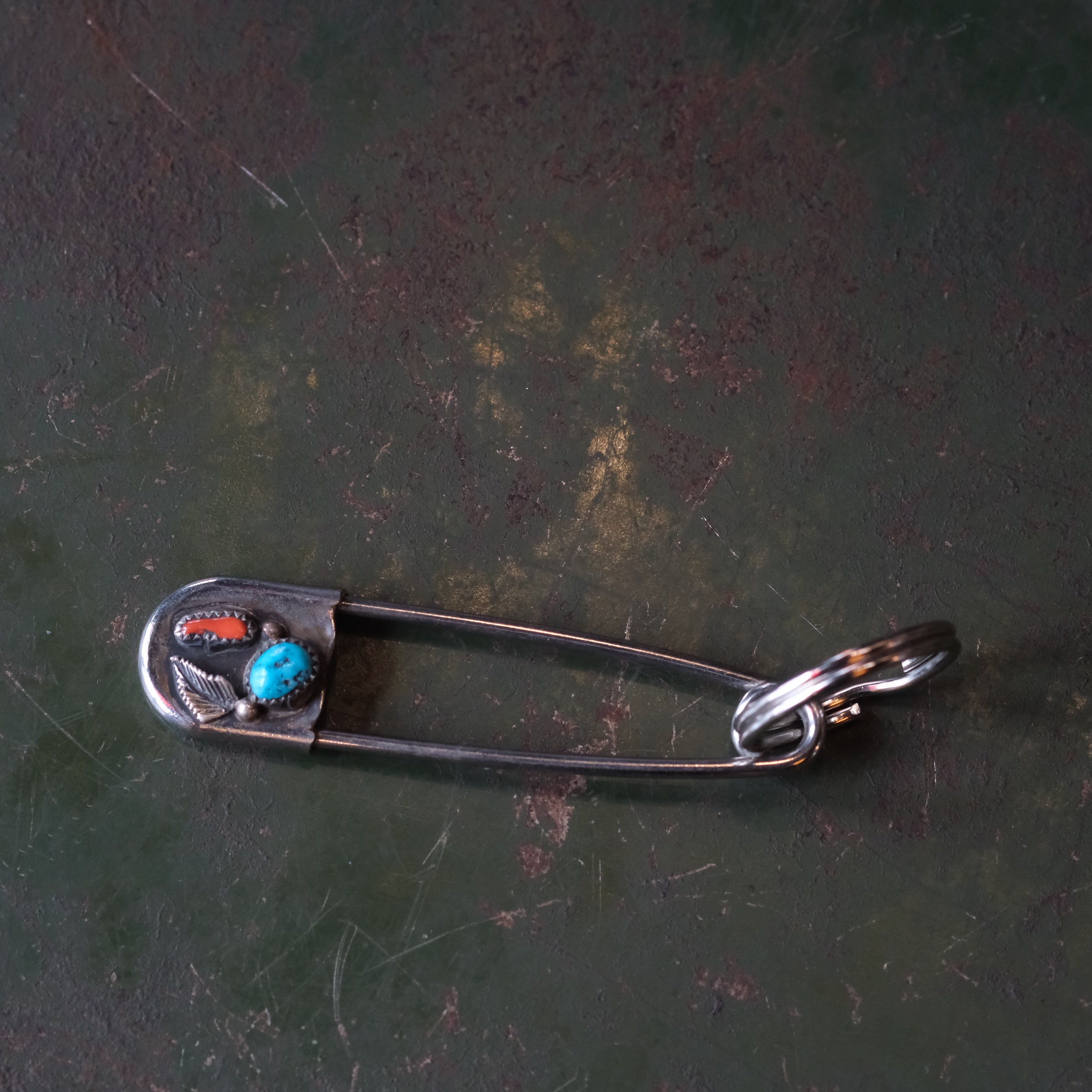 Vintage Turquoise and Coral Safety Pin Keychain 3"