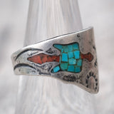 Vintage Sterling Crushed Turquoise and Coral Inlay Waterbird Ring 7.5