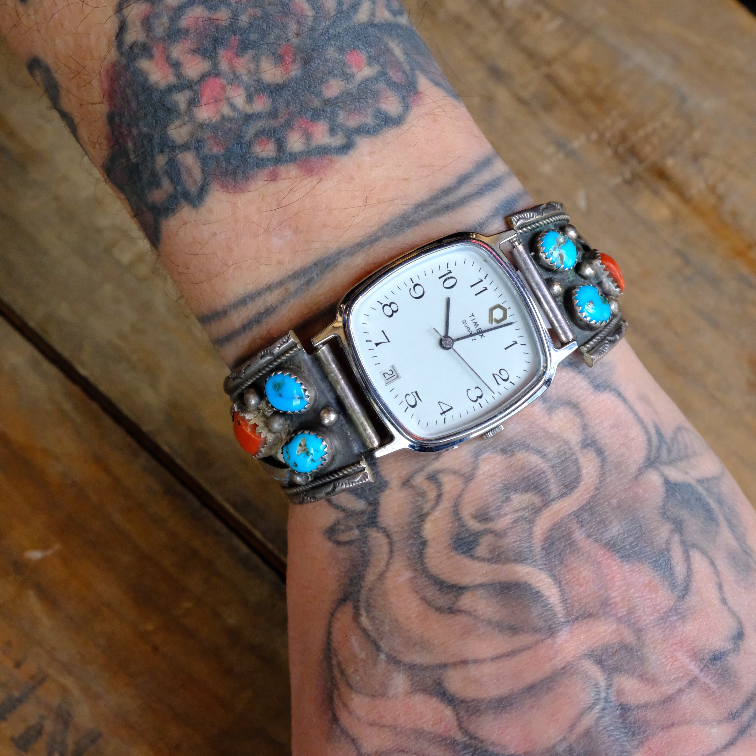 Vintage Sterling Turquoise and Coral Feather Watch