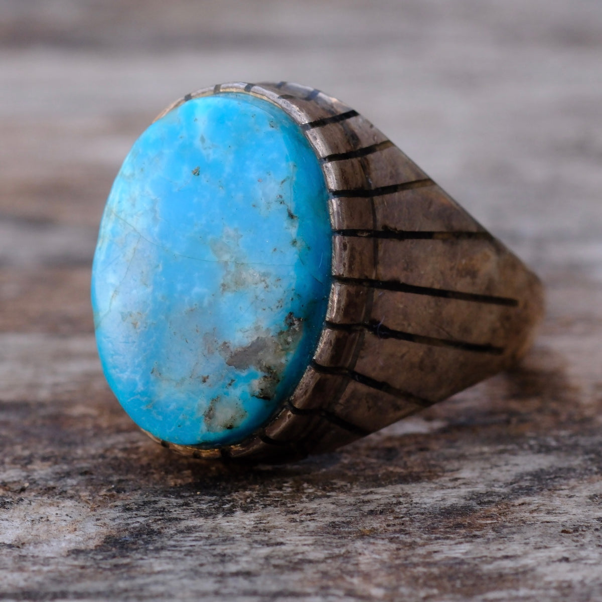 Vintage Sterling Turquoise Ribbed Band Ring 9.5