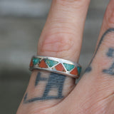 Vintage Sterling Crushed Turquoise and Coral Inlay Band 6.5