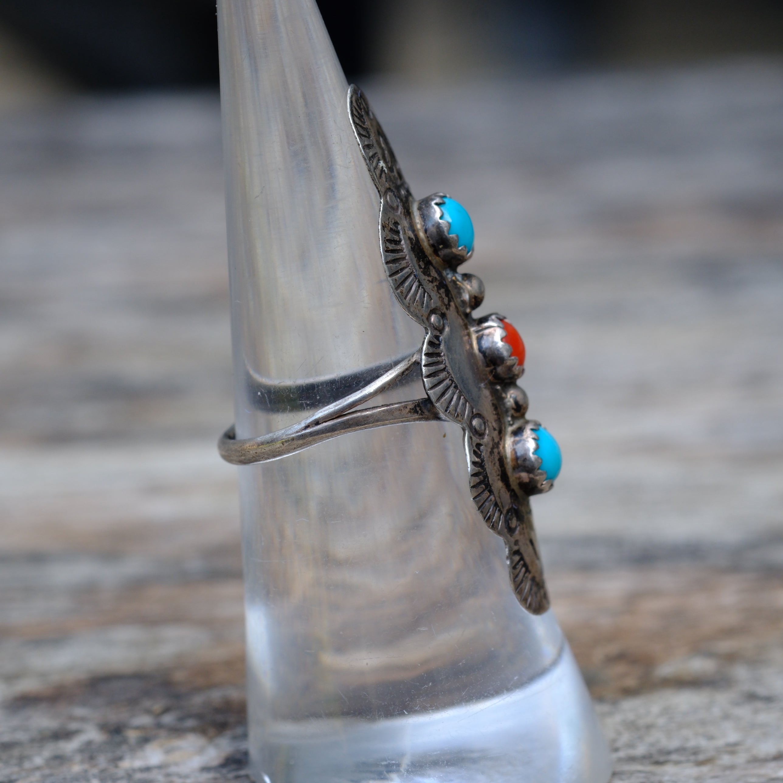 Vintage Sterling Turquoise and Coral Stampe Ring 6.75