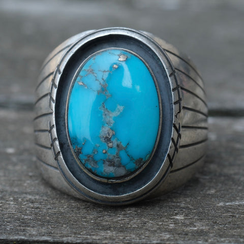 Vintage Sterling Turquoise Ribbed Band Ring 9.25
