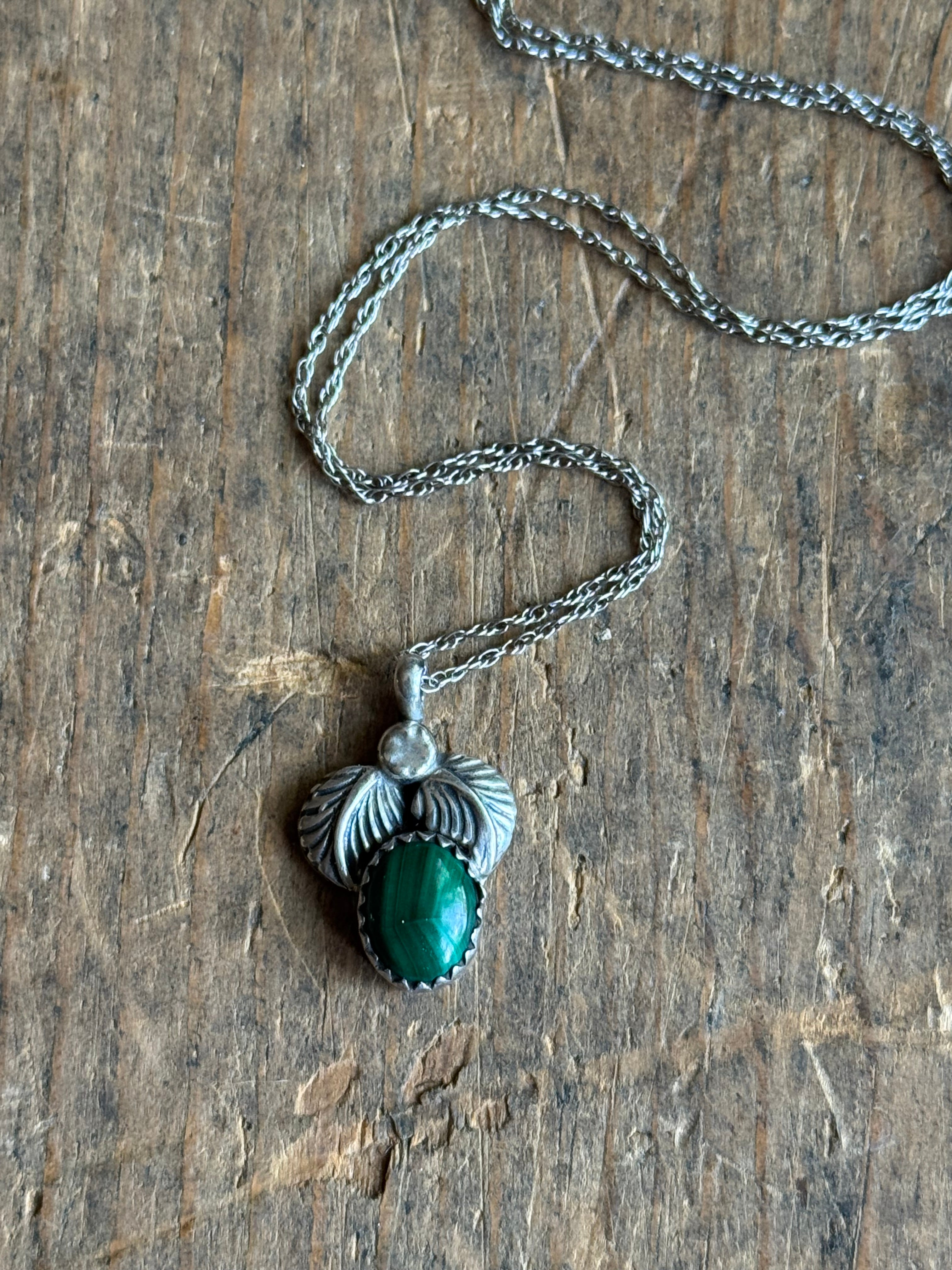 Vintage Sterling Silver Malachite Feather Necklace