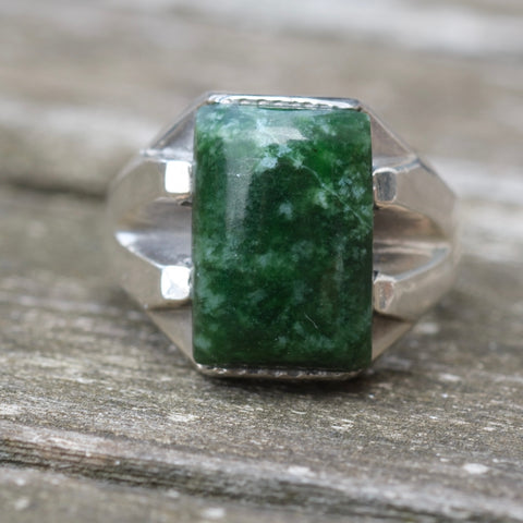Vintage Sterling Green Agate Signet Ring 10.5