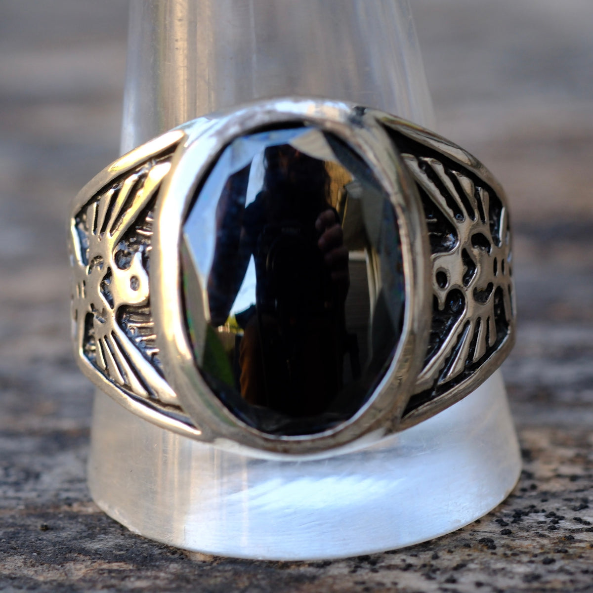Vintage Sterling Hematite Thunderbird Ring 13.75