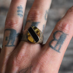 Vintage Sterling Tigers Eye and Onyx Inlay Striper Ring 13.5