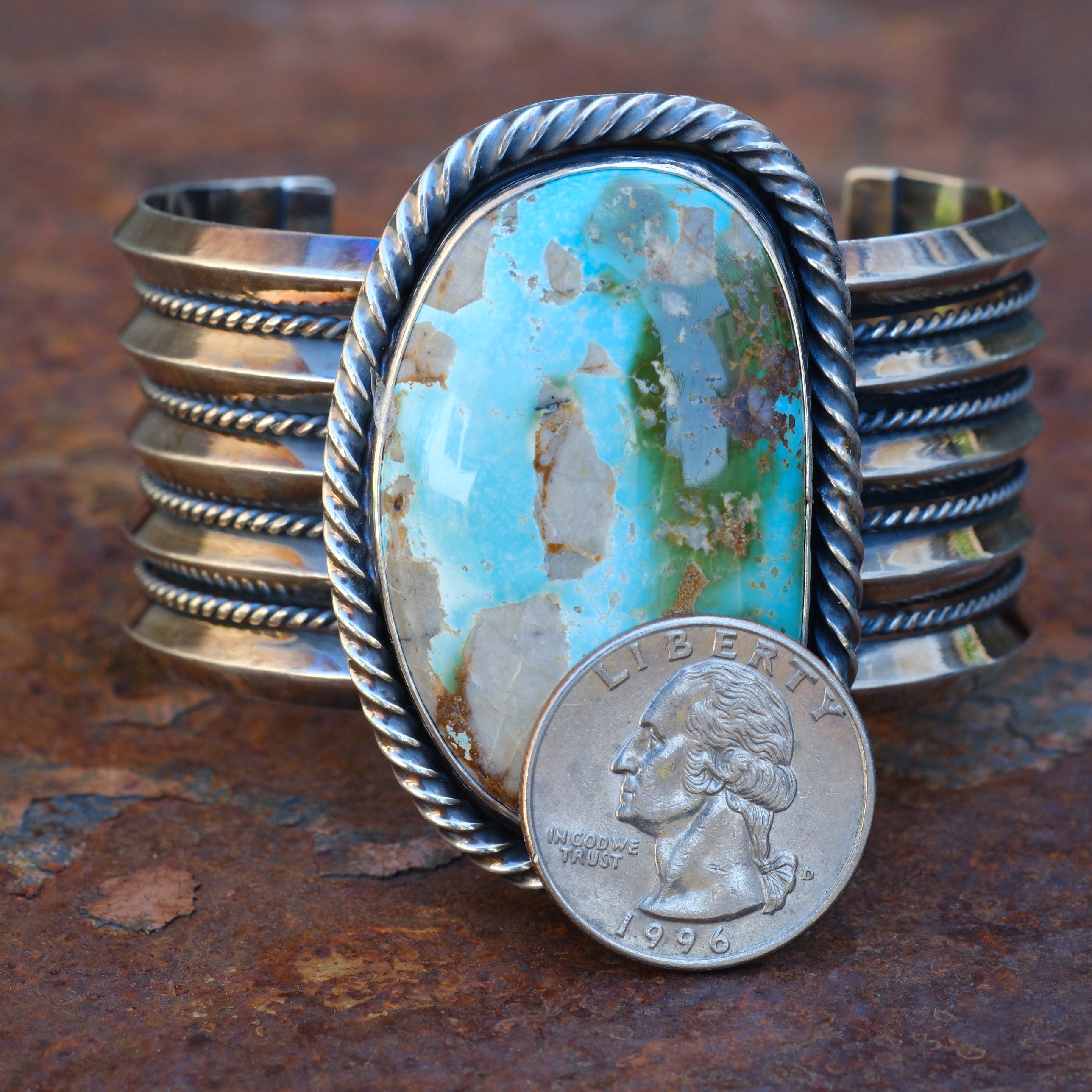 Massive Sterling Silver Turquoise Roper Cuff Bracelet